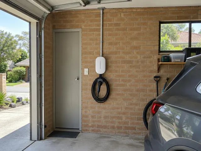 White wall-mounted EV charger with coiled cable on a brick garage wall beside a side door in Seaforth