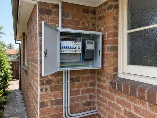 Open electrical switchboard on a brick exterior wall beside a window and meter box in Fairlight